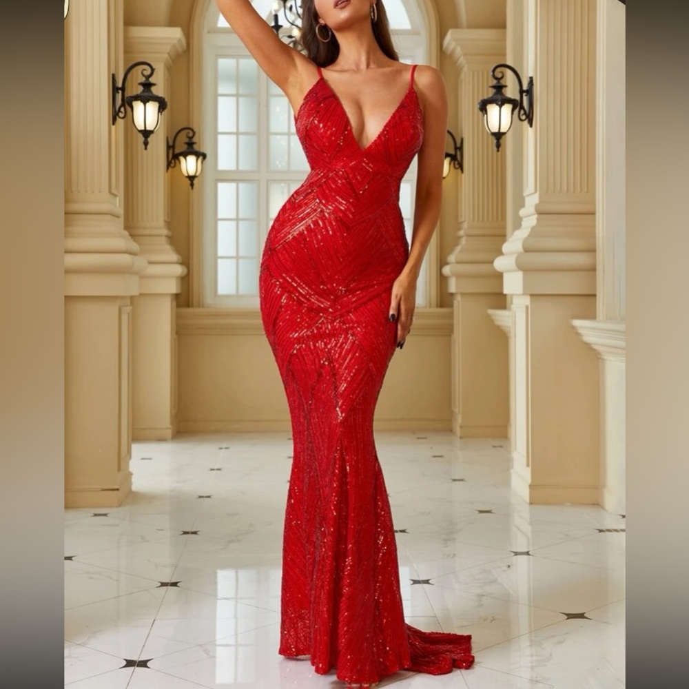 Luxe party bridesmaids prom wedding open back mermaid hem sequins gown dress